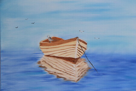 Anchored in the calm water 18 x 24 oil