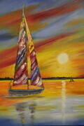 Extremely colorful sunset sail  24 x 24 wrapped canvas in oil $450