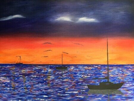 Sailboats at evening sunset 32 x 48 mixed media on wood