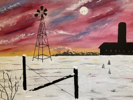 Winter sunset on the farm 16 x 20 acrylic $250